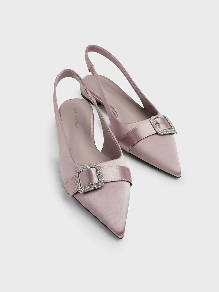 Satin Crystal-Buckle Pointed-Toe Slingback Flats, Mauve, hi-res