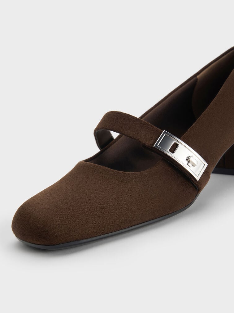 Lando Faux Suede Metallic-Buckle Mary Jane Pumps, Dark Brown Textured, hi-res