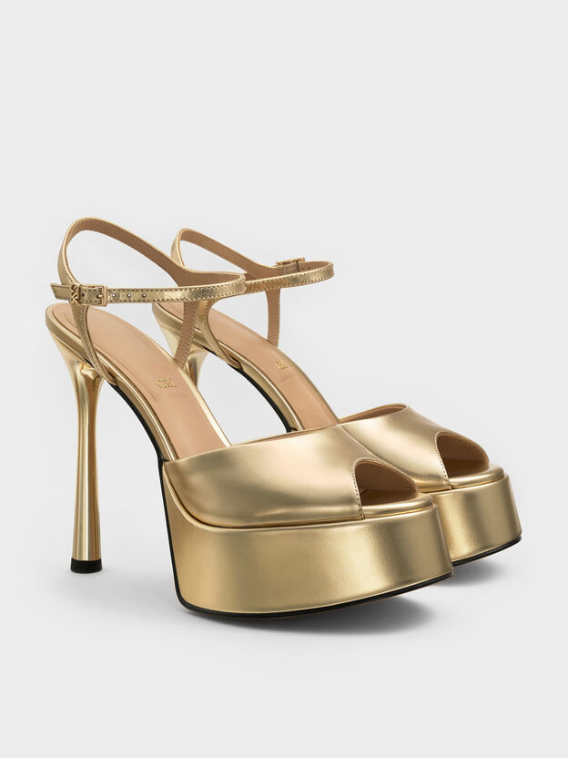 Francesca Metallic Leather Peep-Toe Platform Heels, Gold, hi-res