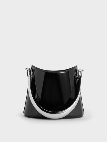 Patent Ruched-Flap Drawstring Bucket Bag, Noir, hi-res