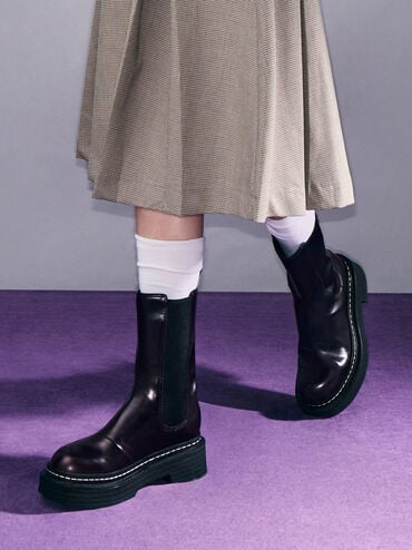Stitch-Trim Platform Mid-Calf Chelsea Boots, Burgundy, hi-res