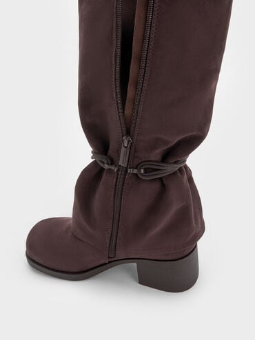 Faux Suede Tie-Around Knee-High Boots, Dark Brown Textured, hi-res