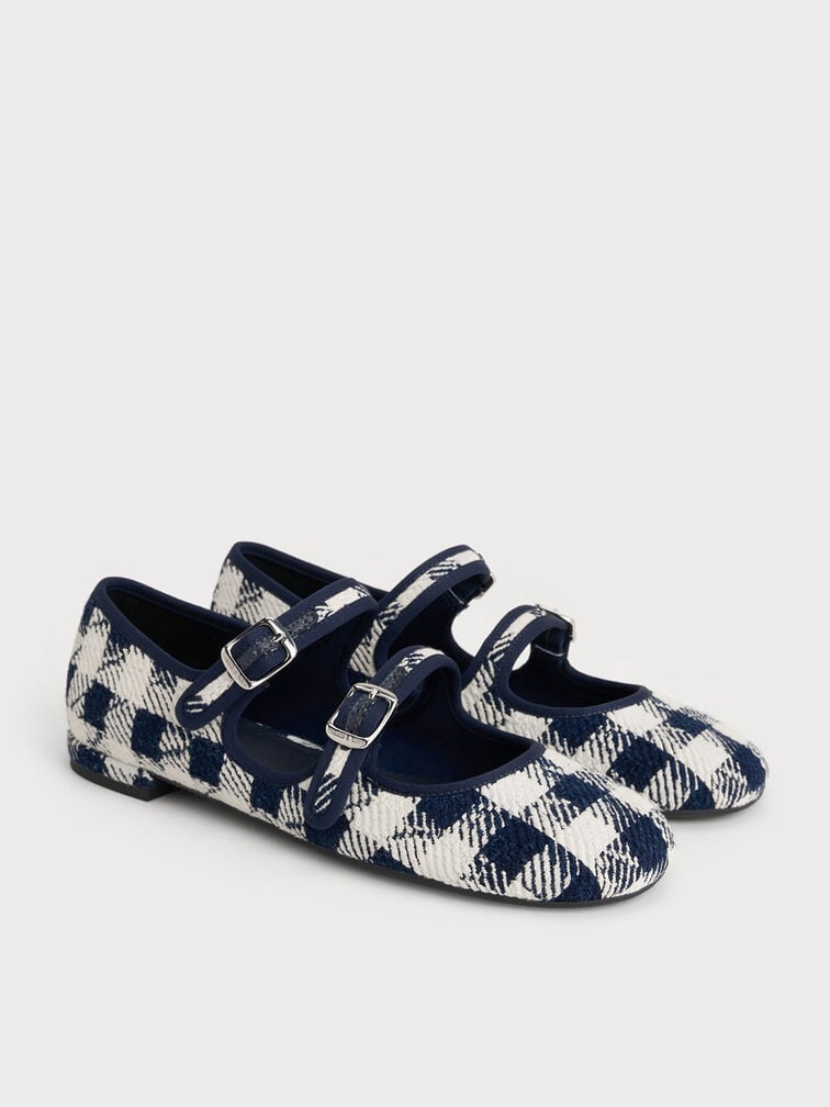 Checkered Double-Strap Mary Jane Flats, Dark Blue, hi-res