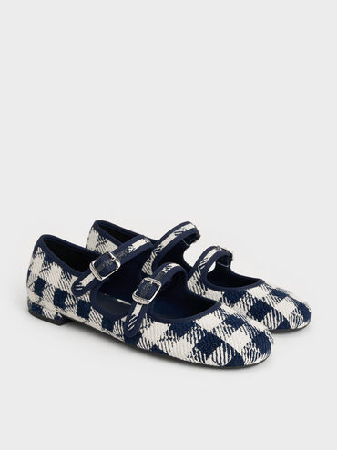 Checkered Double-Strap Mary Jane Flats, Dark Blue, hi-res