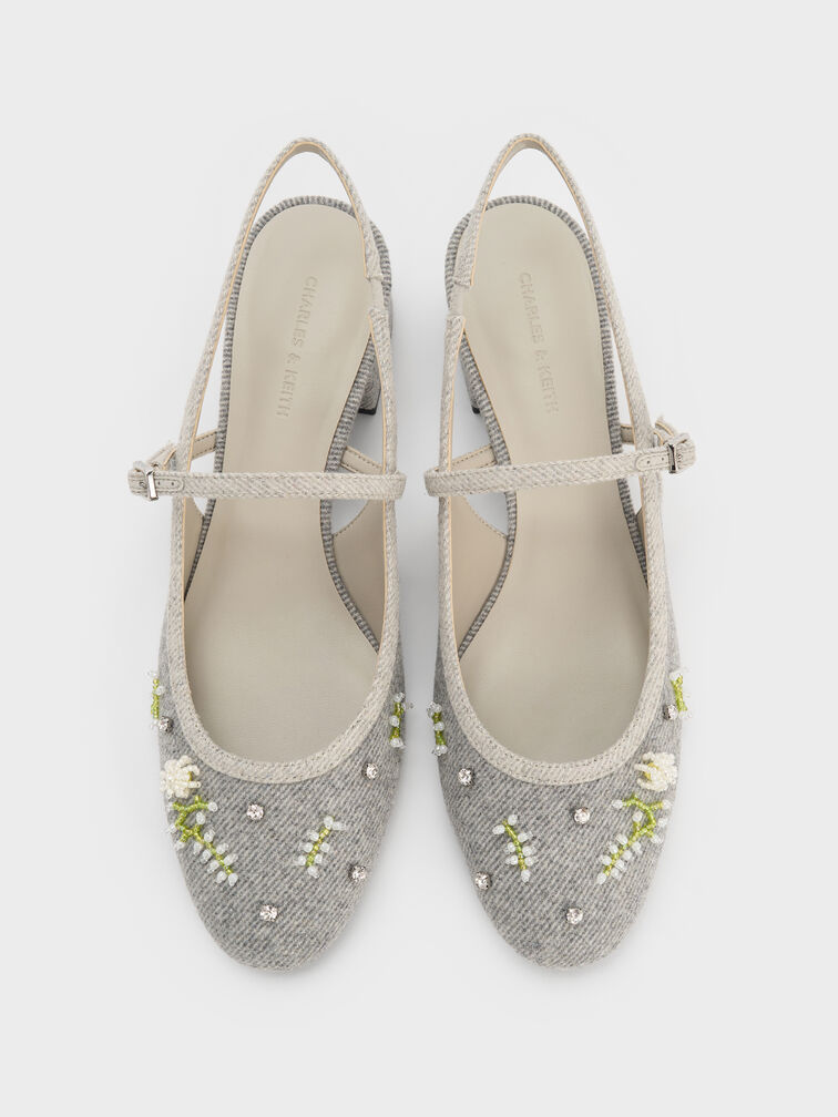 Twill Bead-Flower Block-Heel Slingback Mary Jane Pumps, Grey, hi-res
