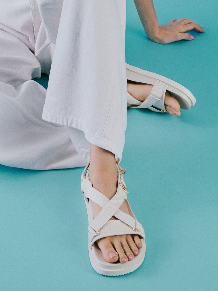 Granta Leather & Fabric Crossover Sports Sandals, White, hi-res