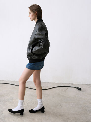 Faux Suede Round-Toe Block-Heel Pumps, Black Textured, hi-res