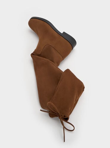 Faux Suede Fold-Over Back-Tie Thigh-High Boots, Brown, hi-res