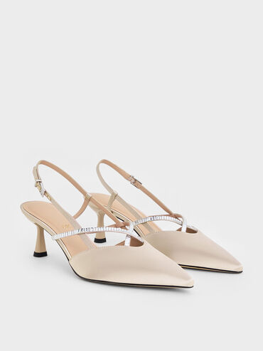 Recycled Polyester Crystal-Embellished Slingback Pumps, Champagne, hi-res
