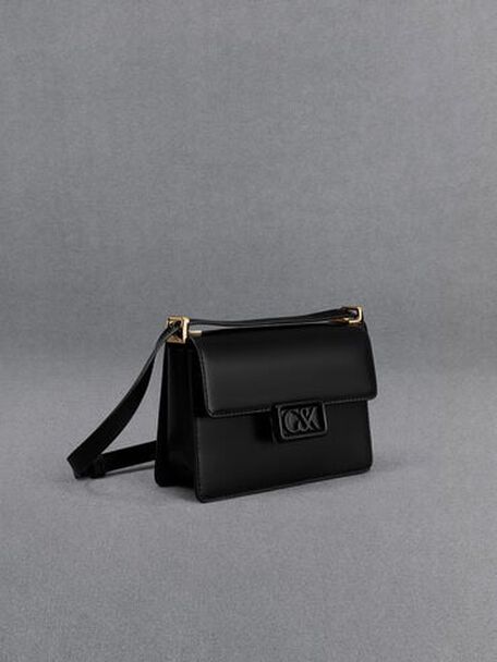 Leather Boxy Bag, Black, hi-res