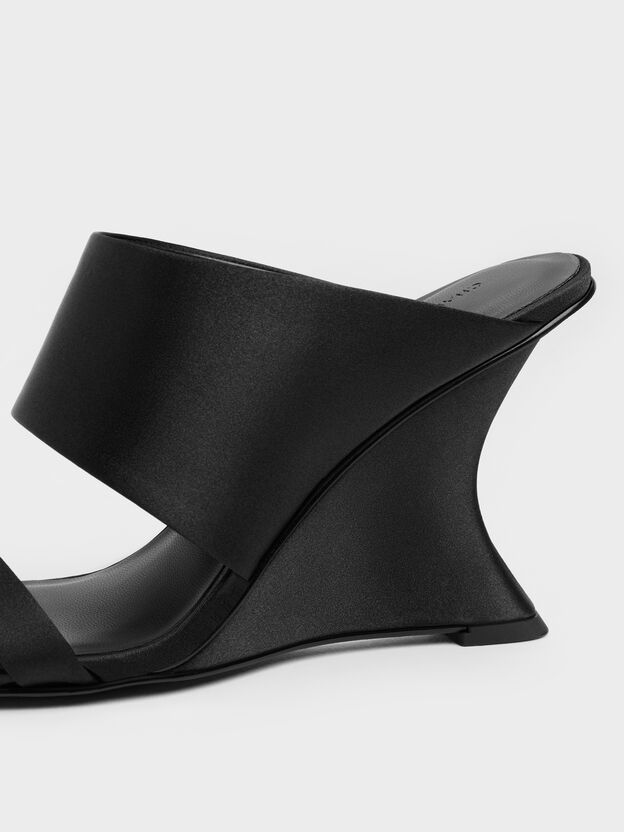 Satin Double-Strap Wedge Mules, Black Textured, hi-res