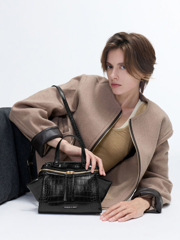 Pansy Trapeze Croc-Effect Top Handle Bag, Black, hi-res