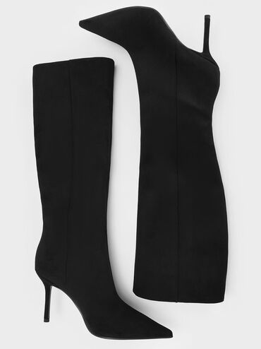 Faux Suede Pointed Stiletto Knee-High Boots, Black Textured, hi-res