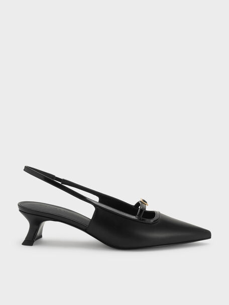 Buckle-Strap Slingback Pumps, Black, hi-res