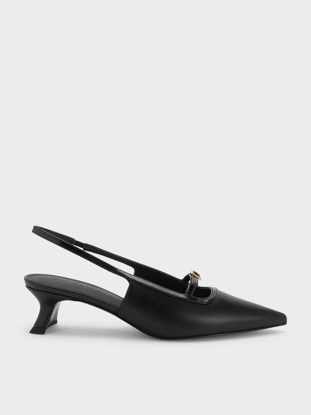 Buckle-Strap Slingback Pumps, Black, hi-res