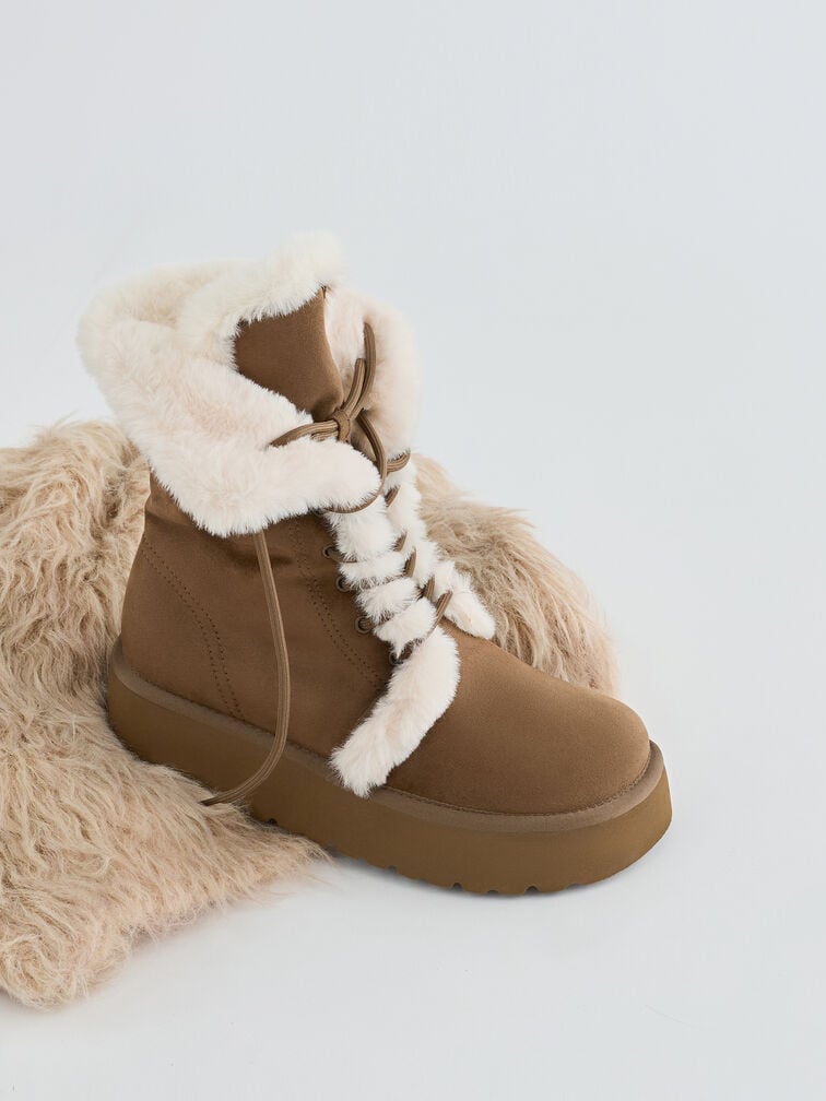 Faux Suede & Faux Fur Foldover Flatform Boots, Brown, hi-res