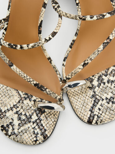Snake-Print Strappy Toe-Ring Heeled Sandals, Animal Print Natural, hi-res