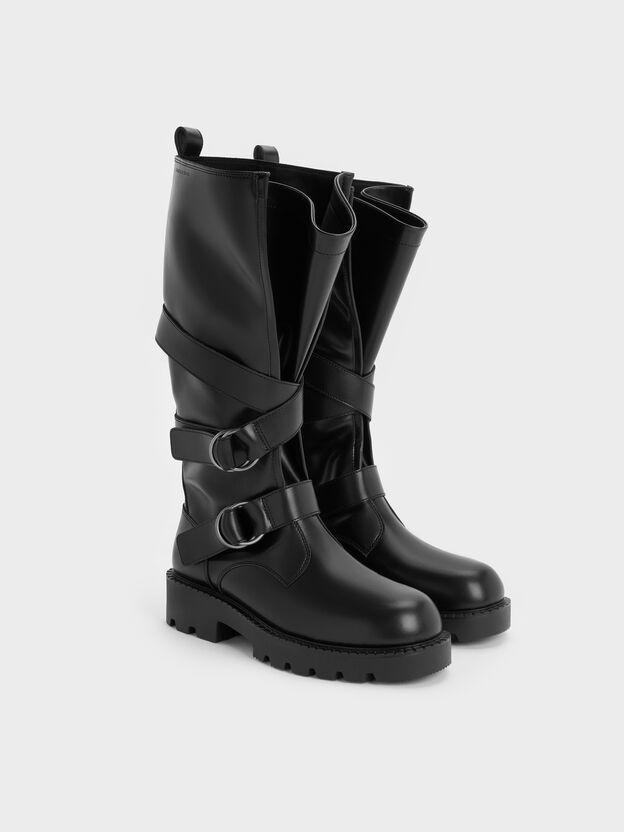 Double-Strap Knee-High Boots, Black, hi-res