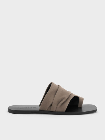 Faux Suede Ruched Toe-Ring Sandals, Taupe, hi-res