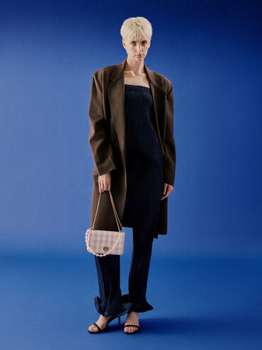 Alessia Checkered Pearl-Embellished Wallet on Chain, Light Pink, hi-res