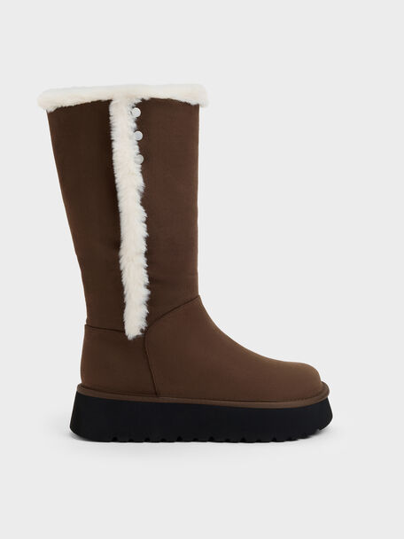 Floyd Faux Suede Fur-Trim Platform Boots, Dark Brown Textured, hi-res