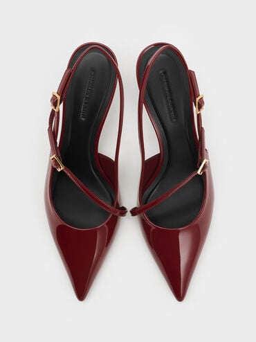 Wynn Patent Buckled Sculptural-Heel Slingback Pumps, Red, hi-res