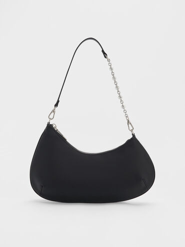 Dion Satin Chain-Handle Asymmetric Shoulder Bag, Noir, hi-res
