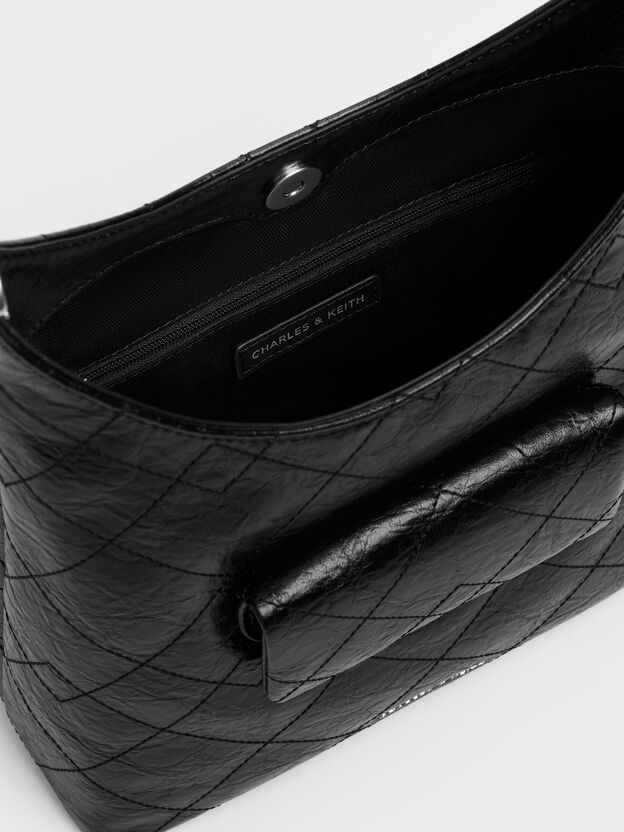 Duo Quilted Front-Pocket Chain Hobo Bag, Noir, hi-res