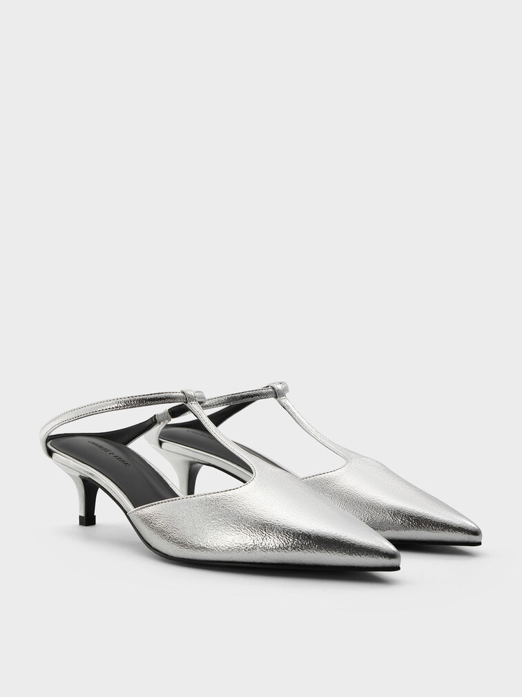 Metallic T-Bar Pointed-Toe Kitten-Heel Mules, Silver, hi-res