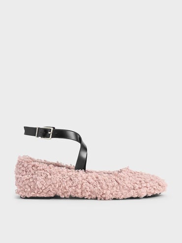 Margot Furry Crossover-Strap Ballet Flats, Pink, hi-res