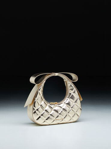 Janie Metallic Quilted Bow-Handle Crescent Bag, Champagne, hi-res