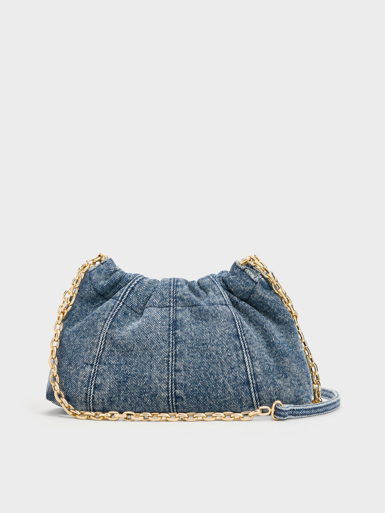 Ciara Denim Ruched Crossbody Bag, Denim Blue, hi-res