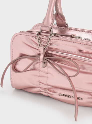 Kadee Metallic Ruched Bow-Charm Bowling Bag, Aura Pink, hi-res