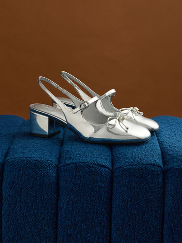 Metallic Bow Crystal-Pearl Slingback Mary Jane Pumps, Silver, hi-res