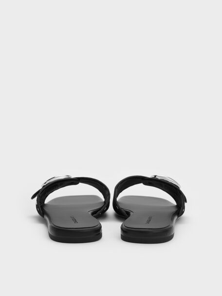 Studded Buckled Slide Sandals, Black, hi-res