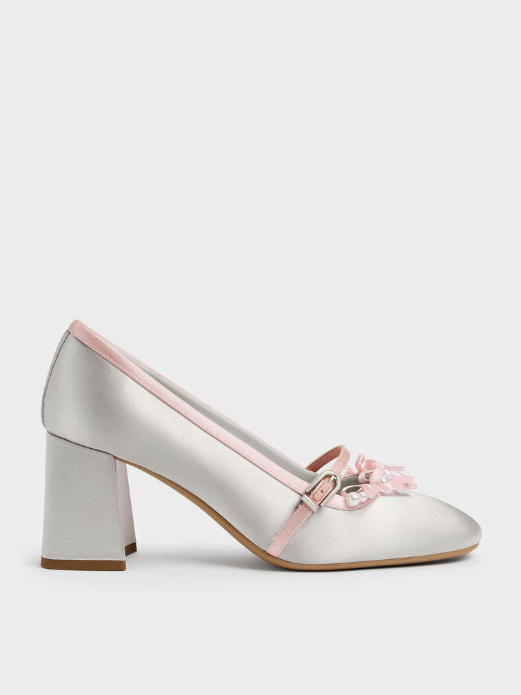 Noelie Satin Pearl-Bow Mary Jane Pumps, Silver, hi-res