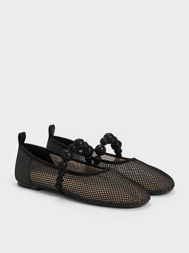 Leather Mesh Beaded Mary Jane Flats, Black Textured, hi-res