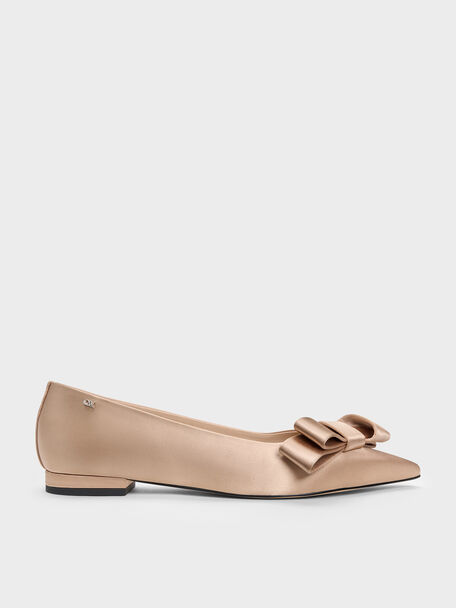 Pleated-Bow Pointed Ballet Flats, Nude, hi-res