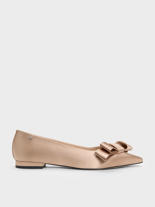 Pleated-Bow Pointed Ballet Flats, Nude, hi-res
