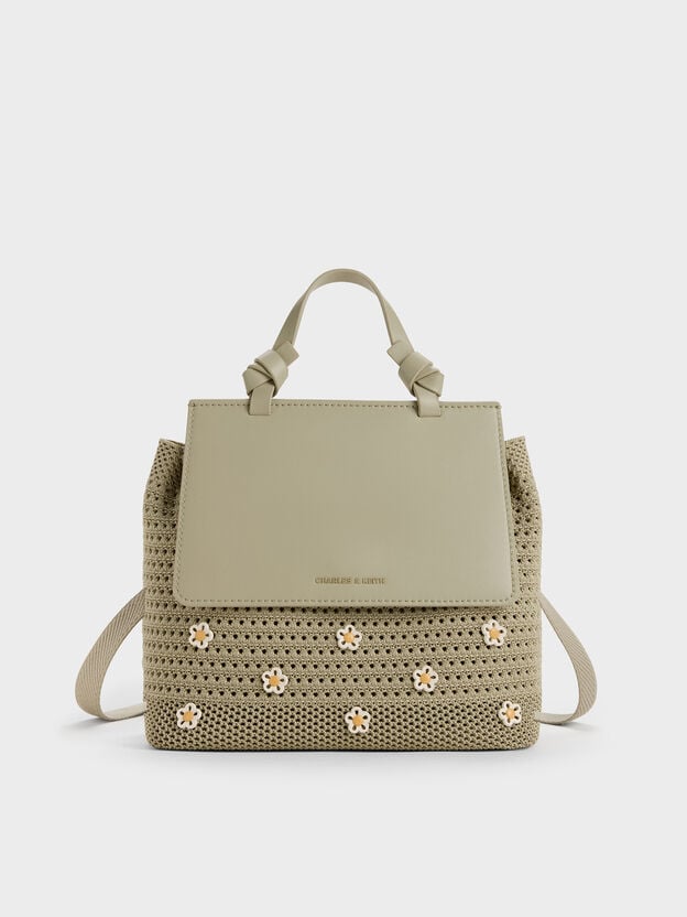 Girls' Ida Flower Knitted Backpack, Pale Olive, hi-res