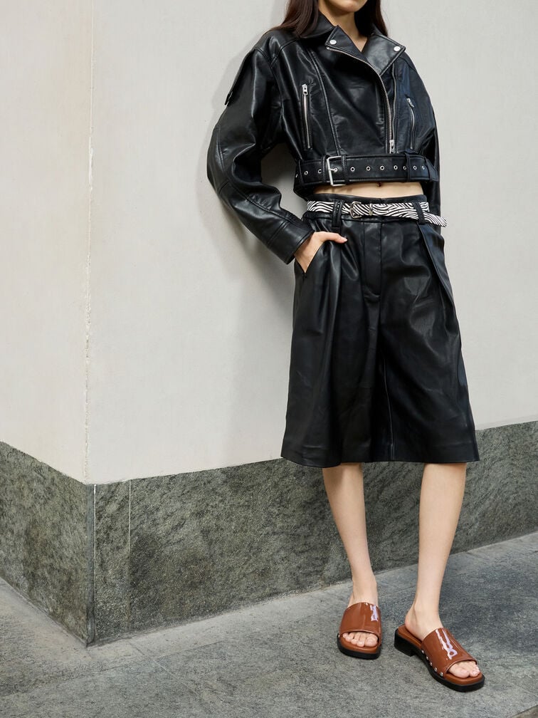 Patent Leather Studded Sandals, Brown, hi-res