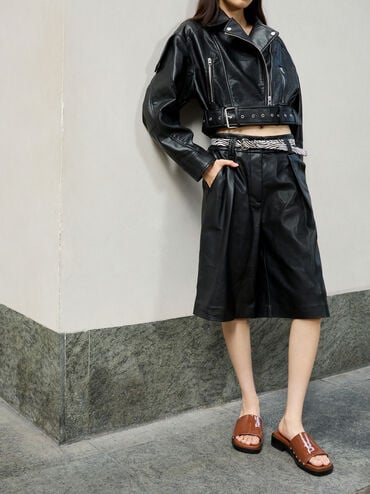 Patent Leather Studded Sandals, Brown, hi-res