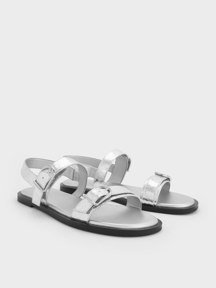 Metallic Double Buckle-Strap Slingback Sandals, Silver, hi-res