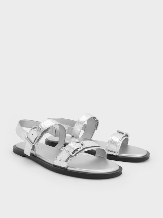 Metallic Double-Strap Slingback Sandals, Silver, hi-res