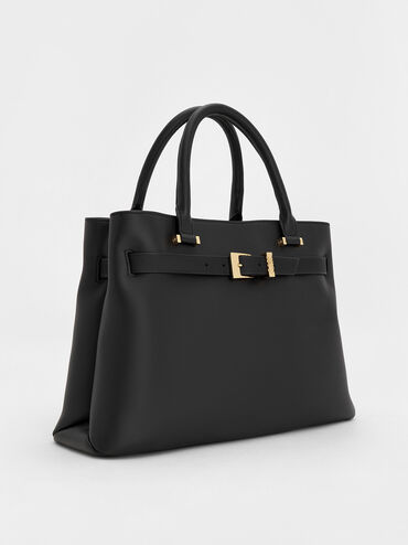 Voyager Leather Belted Trapeze Tote Bag, Black, hi-res