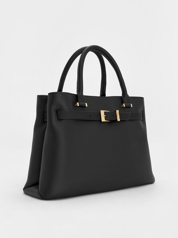 Voyager Leather Belted Tote Bag, Black, hi-res