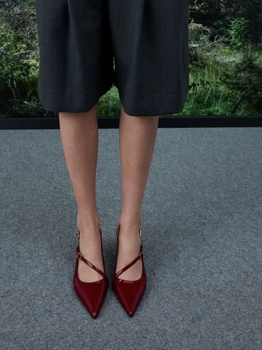 Wynn Patent Buckled Sculptural-Heel Slingback Pumps, Red, hi-res