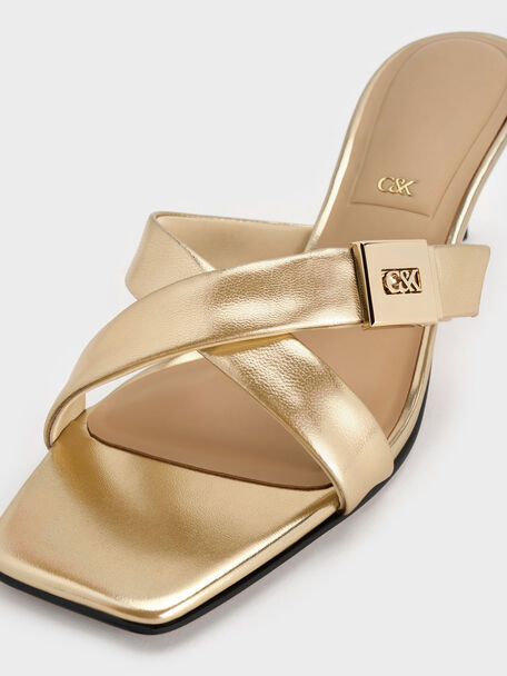 Cody Metallic Leather Crossover Heeled Mules, Gold, hi-res