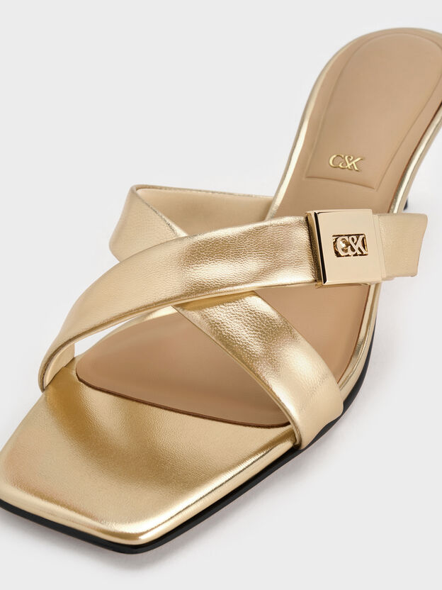 Cody Metallic Leather Crossover Heeled Mules, Gold, hi-res