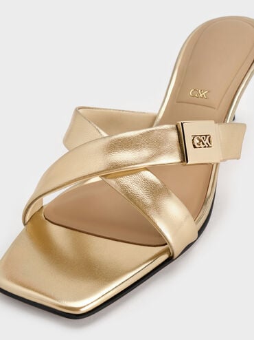 Cody Metallic Leather Crossover-Strap Heeled Sandals, Gold, hi-res